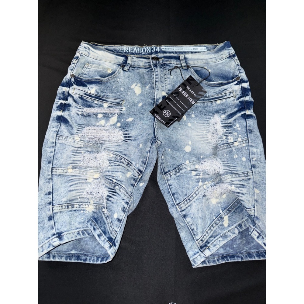 Reason Clothing Mens 34 Distress‎ Moto Denim Shorts Acid Wash Paint Splatter NWT